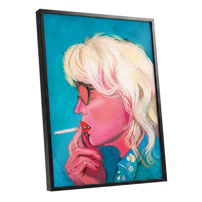 Turquoise Blonde, blue, pink, white abstract wall art shown as a black framed poster wall art print