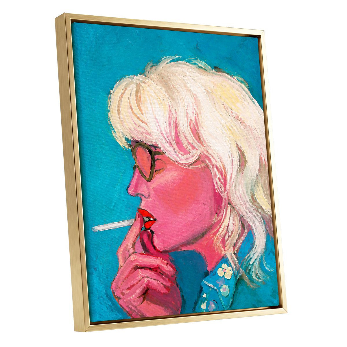 Turquoise Blonde, blue, pink, white abstract wall art shown as a gold framed canvas wall art