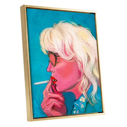 Turquoise Blonde, blue, pink, white abstract wall art shown as a gold framed canvas wall art