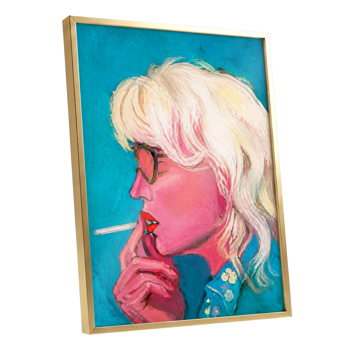 Turquoise Blonde, blue, pink, white abstract wall art shown as a gold framed poster wall art print