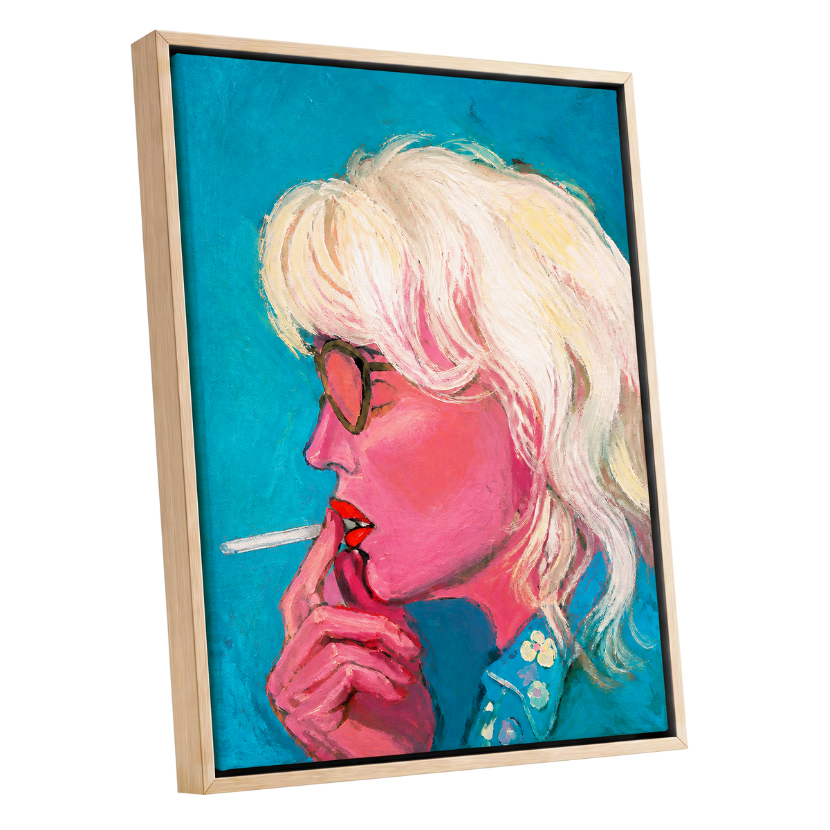 Turquoise Blonde, blue, pink, white abstract wall art shown as a oak framed canvas wall art