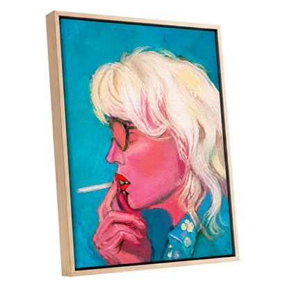 Turquoise Blonde, blue, pink, white abstract wall art shown as a oak framed canvas wall art