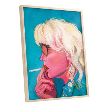 Turquoise Blonde, blue, pink, white abstract wall art shown as a oak framed poster wall art print