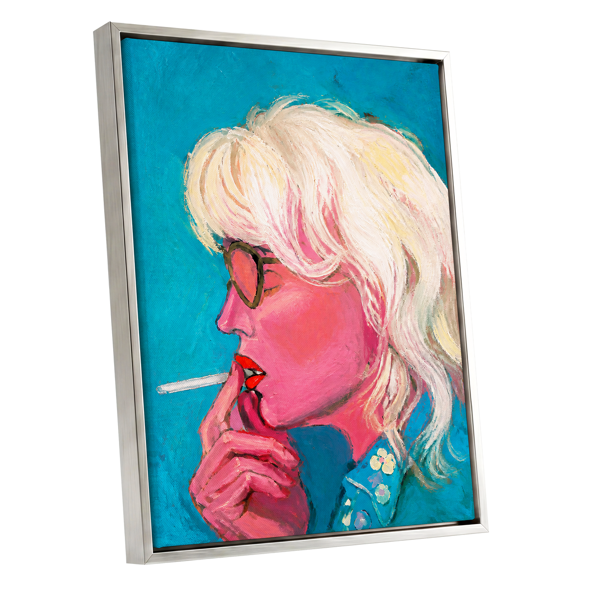 Turquoise Blonde, blue, pink, white abstract wall art shown as a silver framed canvas wall art