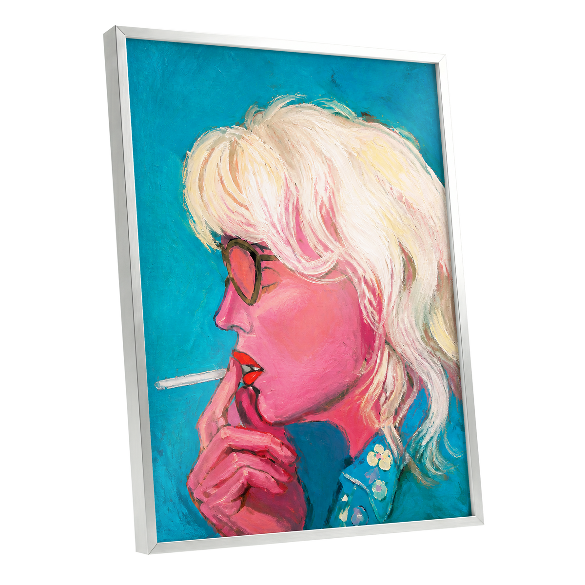 Turquoise Blonde, blue, pink, white abstract wall art shown as a silver framed poster wall art print