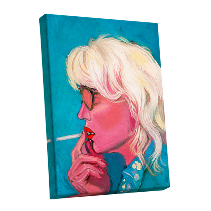 Turquoise Blonde, blue, pink, white abstract wall art shown as a stretched canvas wall art