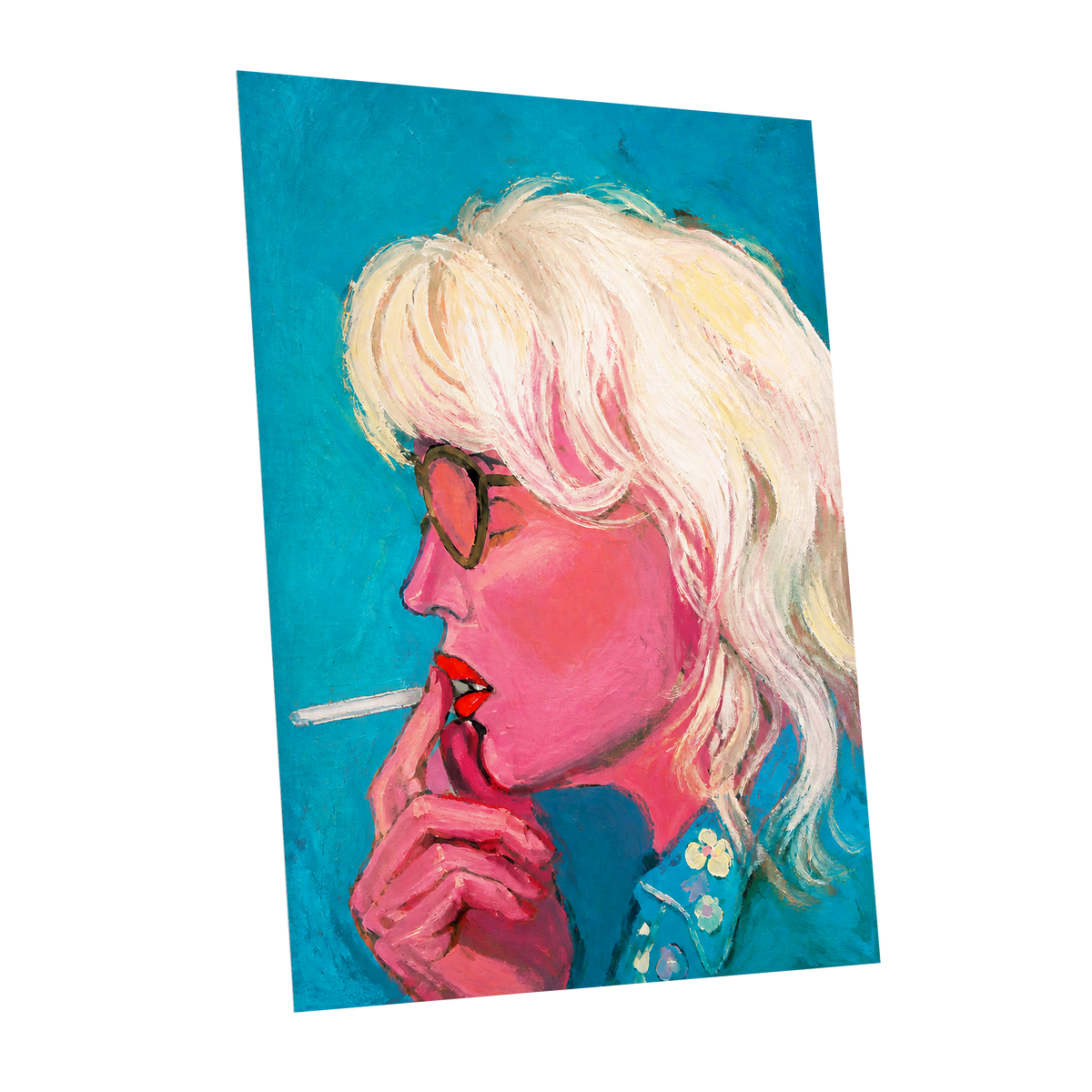 Turquoise Blonde, blue, pink, white abstract wall art shown as a unframed poster wall art print