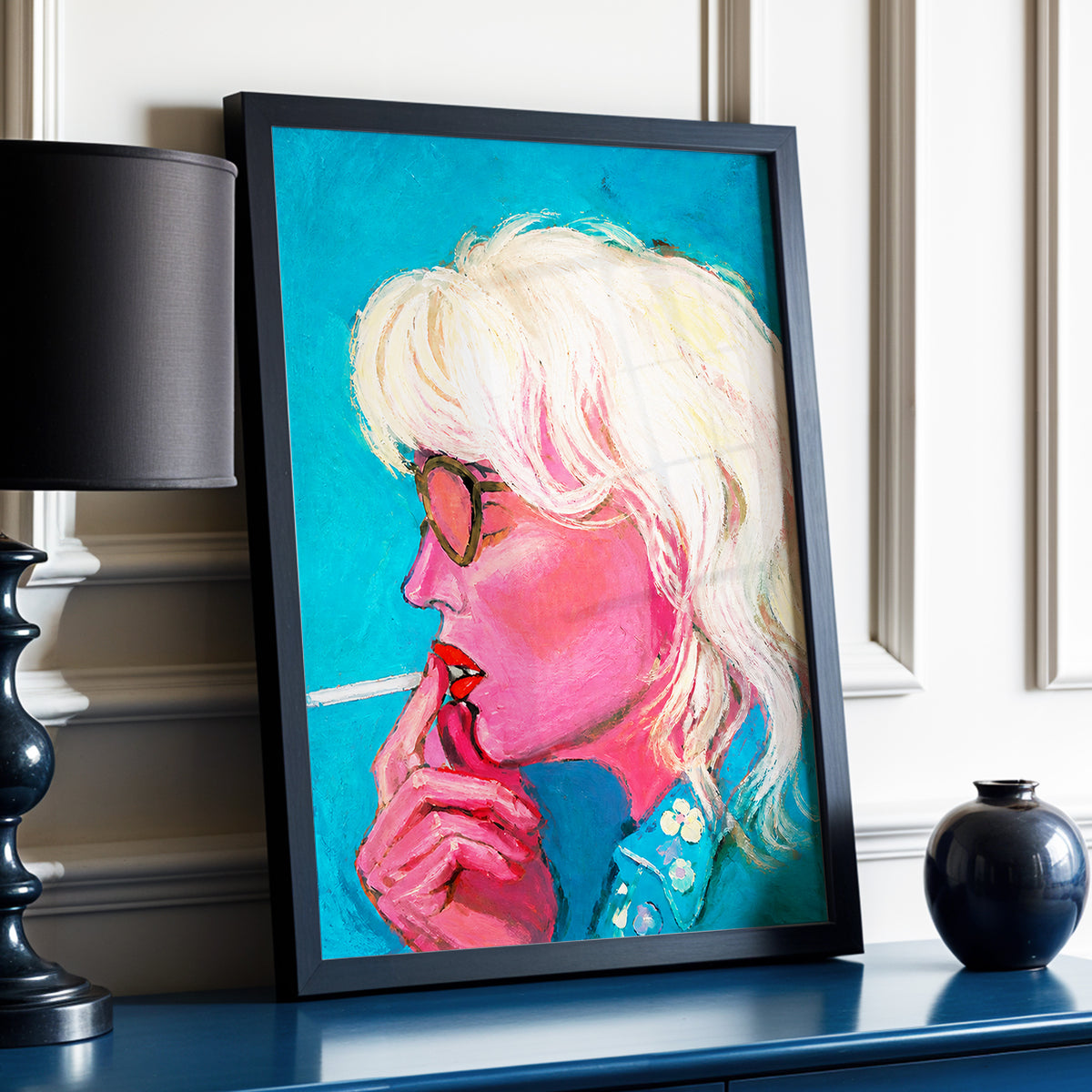 Turquoise Blonde, blue, pink, white abstract wall art displayed in a styled interior, gallery view 2