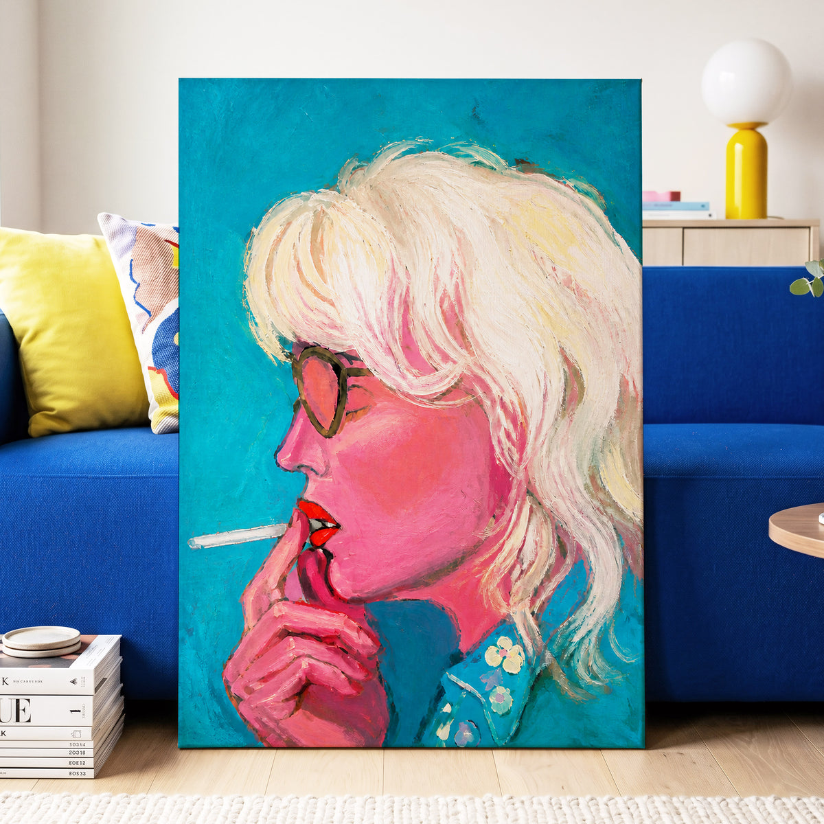 Turquoise Blonde, blue, pink, white abstract wall art displayed in a styled interior, gallery view 3