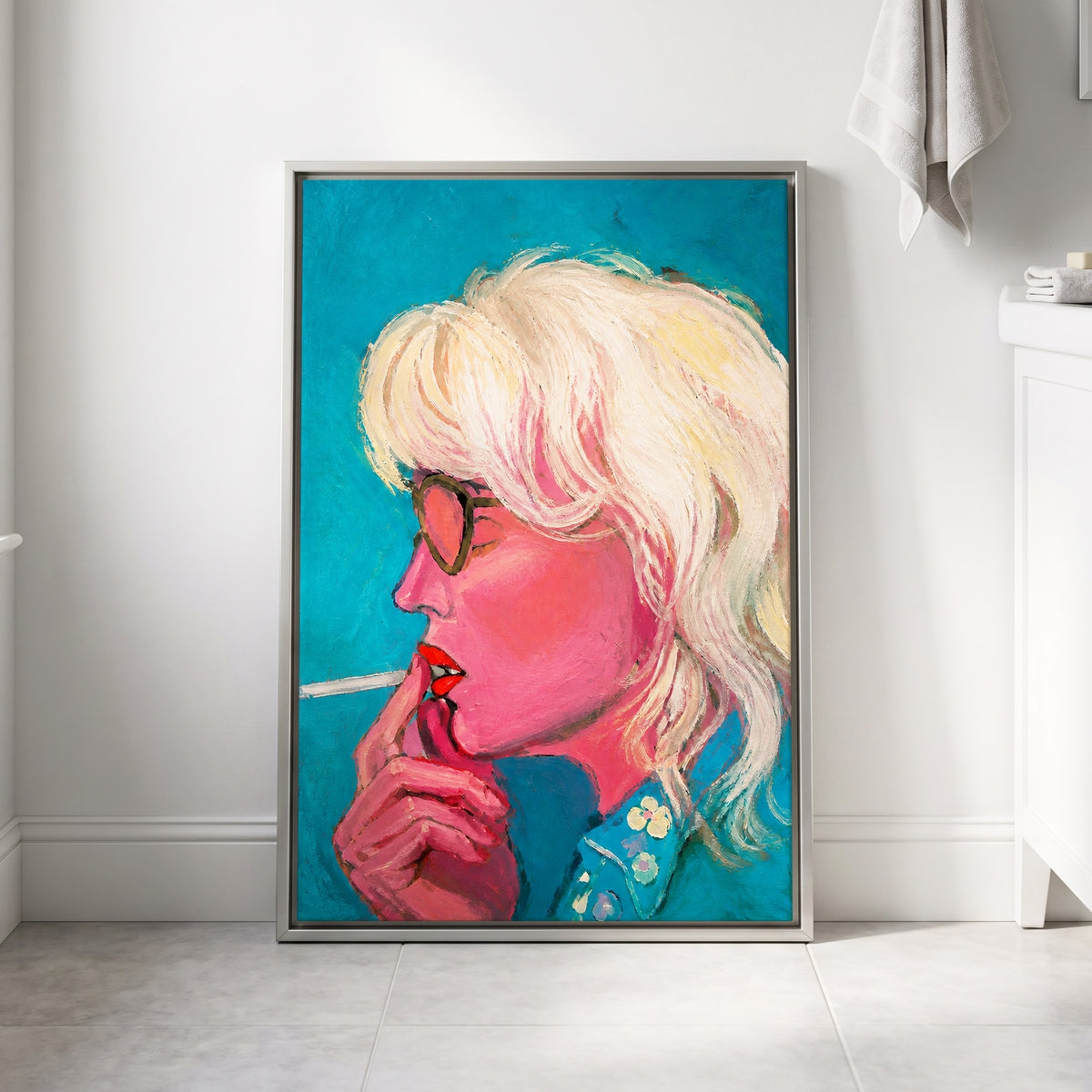 Turquoise Blonde, blue, pink, white abstract wall art displayed in a styled interior, gallery view 4