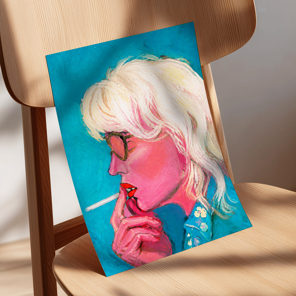 Turquoise Blonde, blue, pink, white abstract wall art displayed in a styled interior, gallery view 5