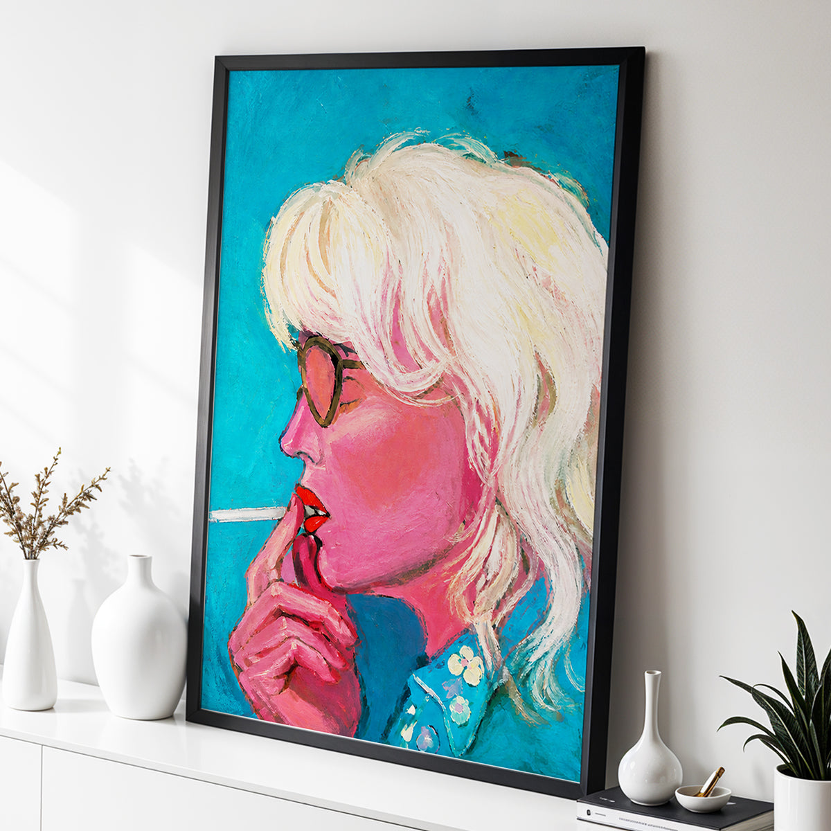 Turquoise Blonde, blue, pink, white abstract wall art displayed in a styled interior, gallery view 6