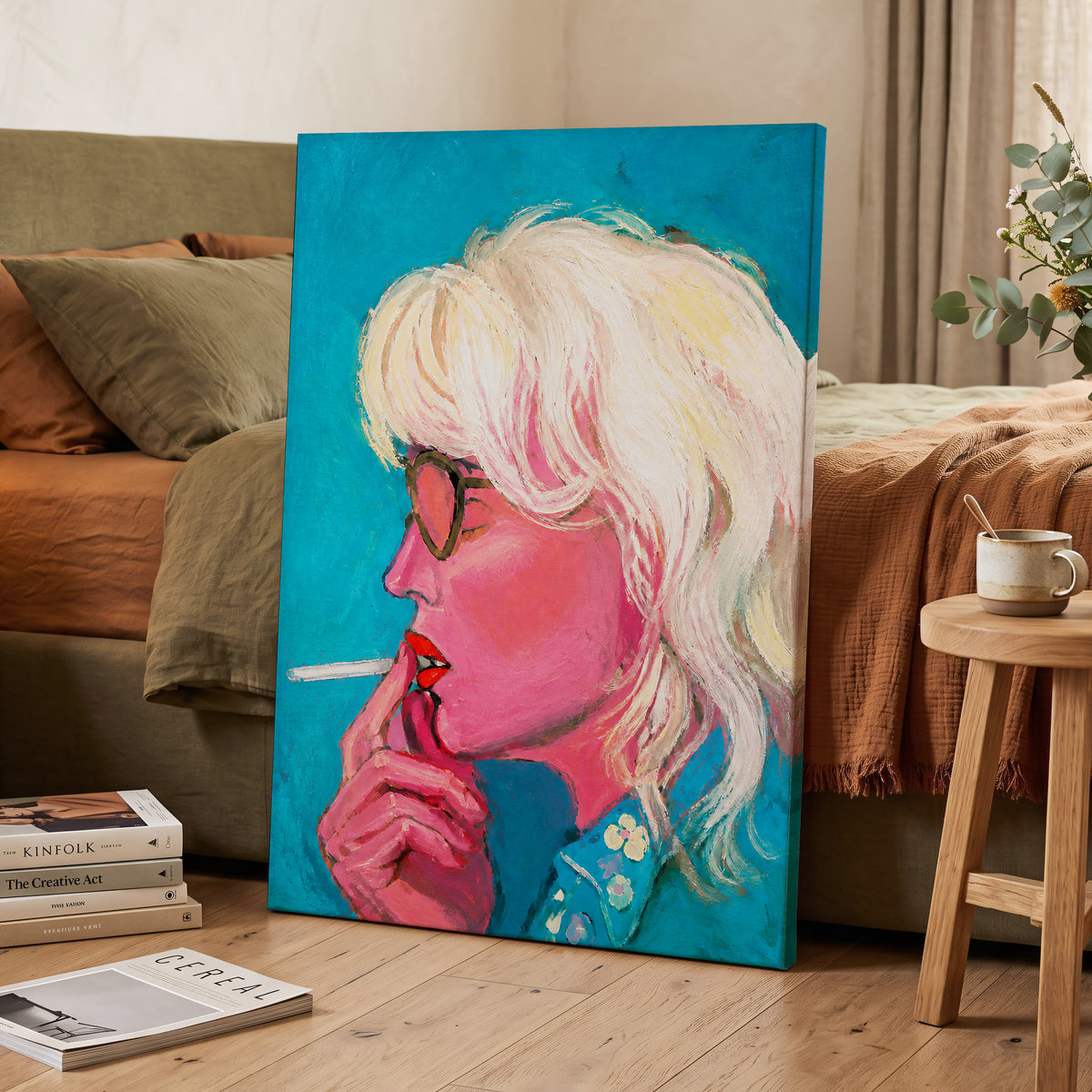 Turquoise Blonde, blue, pink, white abstract wall art displayed in a styled interior, gallery view 7