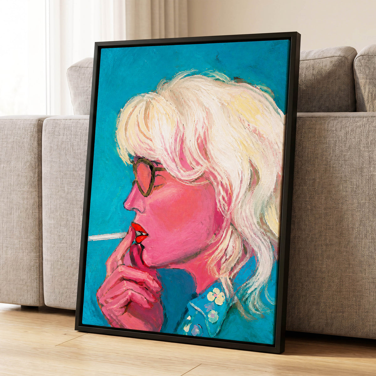 Turquoise Blonde, blue, pink, white abstract wall art displayed in a styled interior, gallery view 8