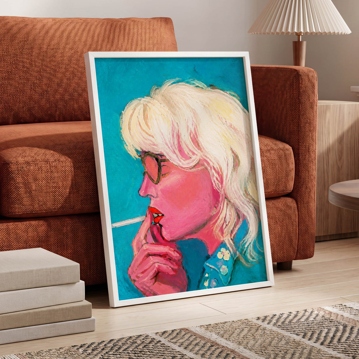Turquoise Blonde, blue, pink, white abstract wall art displayed in a styled interior, gallery view 9