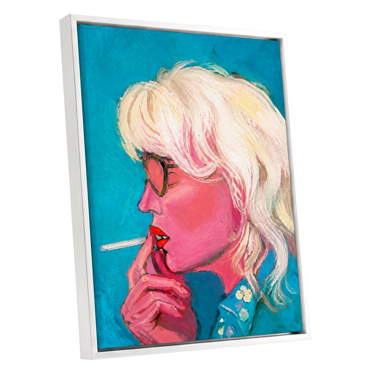 Turquoise Blonde, blue, pink, white abstract wall art shown as a white framed canvas wall art