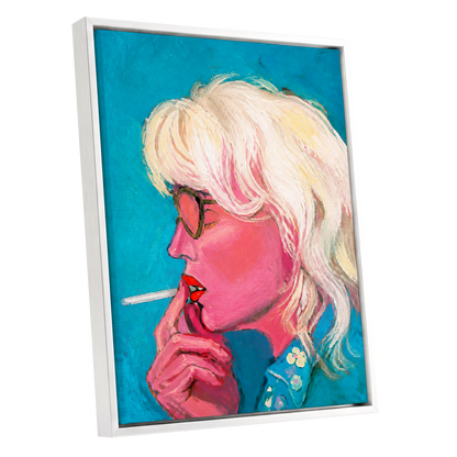 Turquoise Blonde, blue, pink, white abstract wall art shown as a white framed canvas wall art