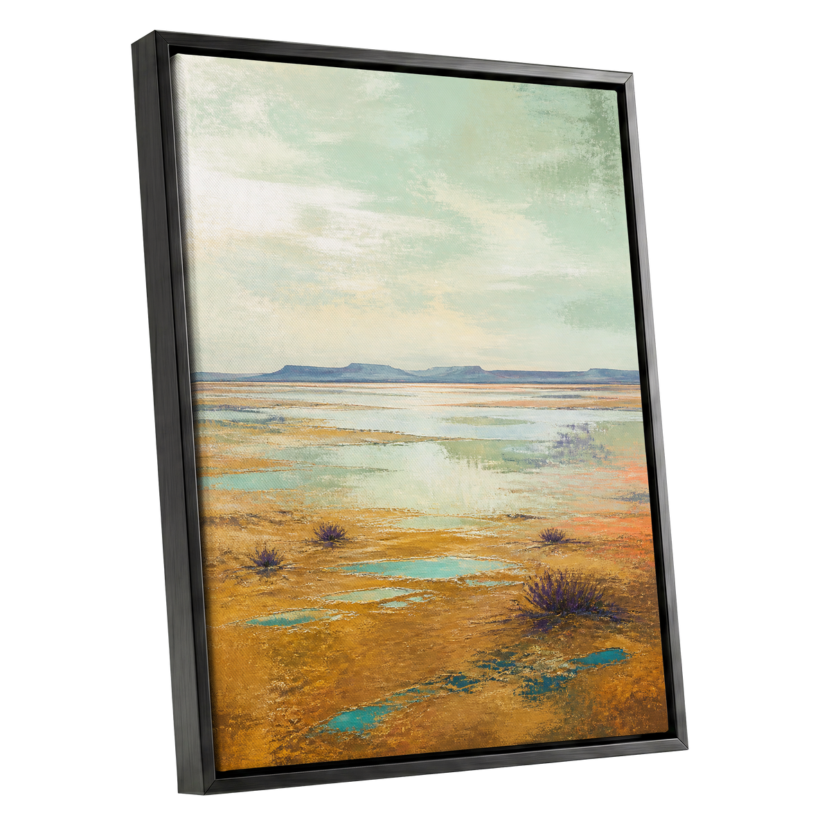 Turquoise Mesa, green, gold, blue nature wall art shown as a black framed canvas wall art