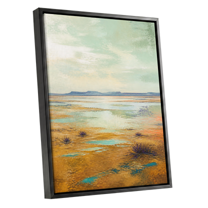 Turquoise Mesa, green, gold, blue nature wall art shown as a black framed canvas wall art