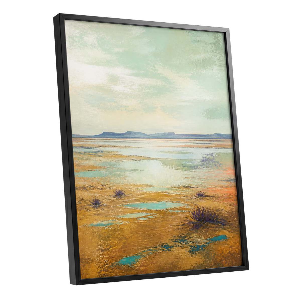 Turquoise Mesa, green, gold, blue nature wall art shown as a black framed poster wall art print