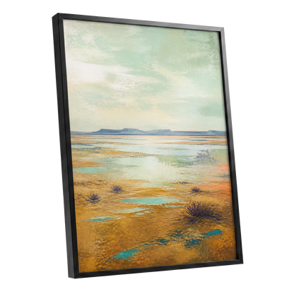 Turquoise Mesa, green, gold, blue nature wall art shown as a black framed poster wall art print