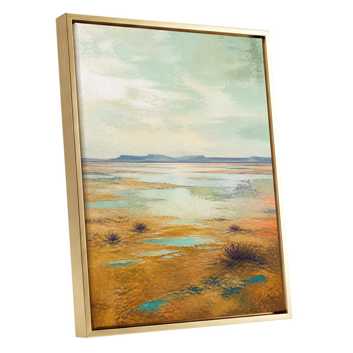 Turquoise Mesa, green, gold, blue nature wall art shown as a gold framed canvas wall art