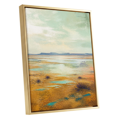 Turquoise Mesa, green, gold, blue nature wall art shown as a gold framed canvas wall art