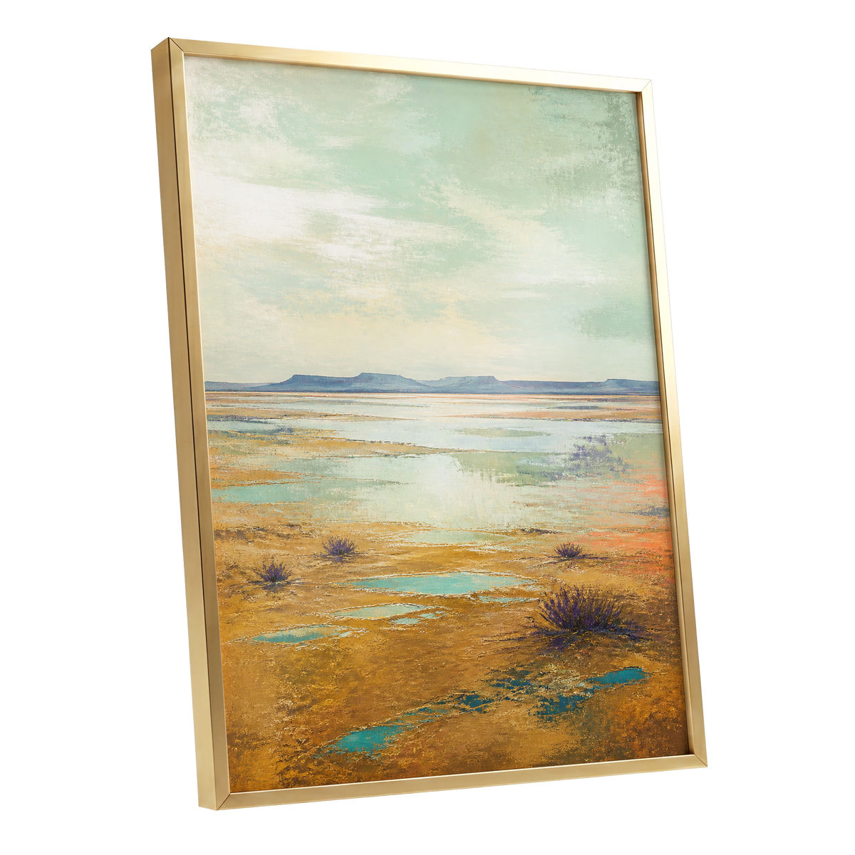 Turquoise Mesa, green, gold, blue nature wall art shown as a gold framed poster wall art print