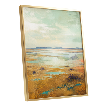 Turquoise Mesa, green, gold, blue nature wall art shown as a gold framed poster wall art print