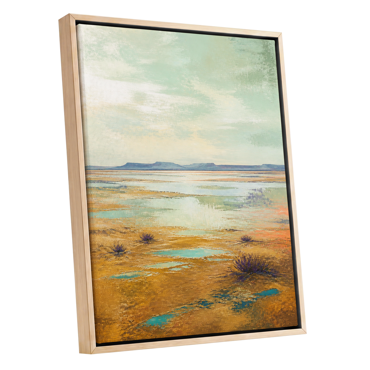 Turquoise Mesa, green, gold, blue nature wall art shown as a oak framed canvas wall art