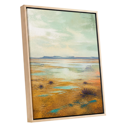 Turquoise Mesa, green, gold, blue nature wall art shown as a oak framed canvas wall art