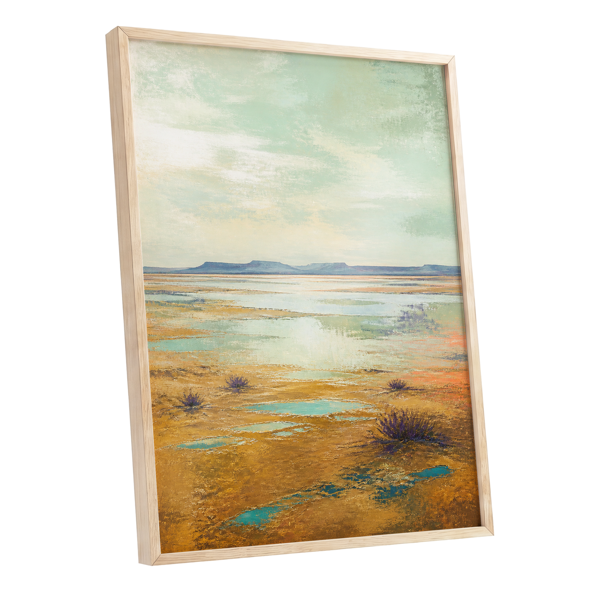 Turquoise Mesa, green, gold, blue nature wall art shown as a oak framed poster wall art print