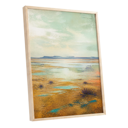 Turquoise Mesa, green, gold, blue nature wall art shown as a oak framed poster wall art print