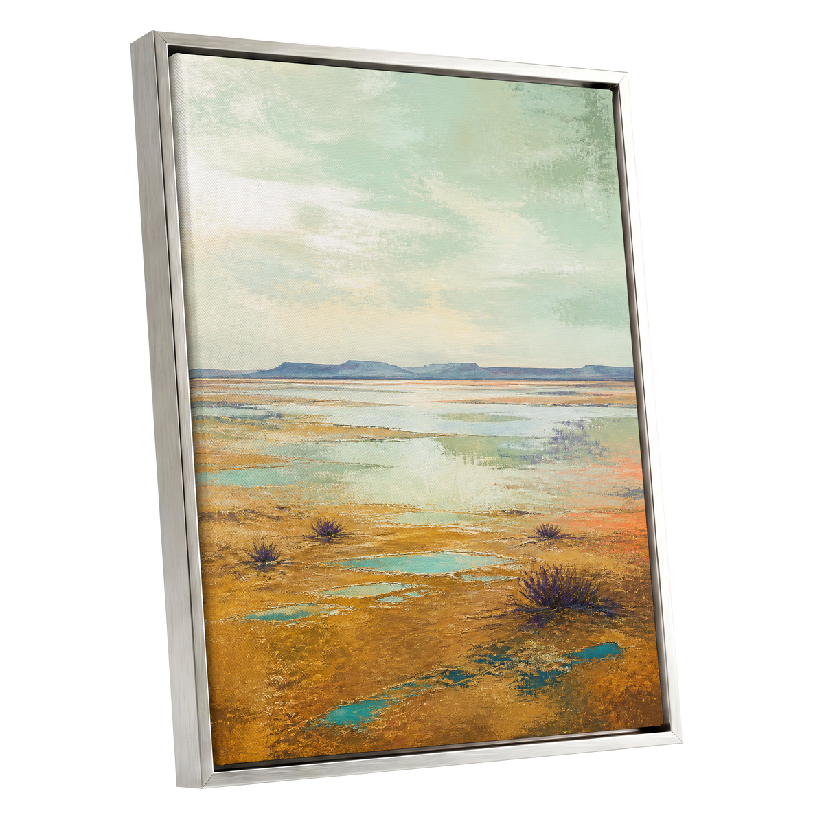 Turquoise Mesa, green, gold, blue nature wall art shown as a silver framed canvas wall art