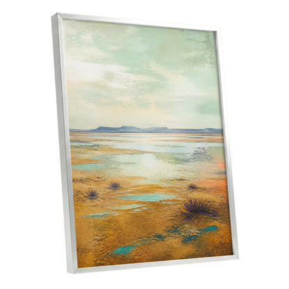 Turquoise Mesa, green, gold, blue nature wall art shown as a silver framed poster wall art print