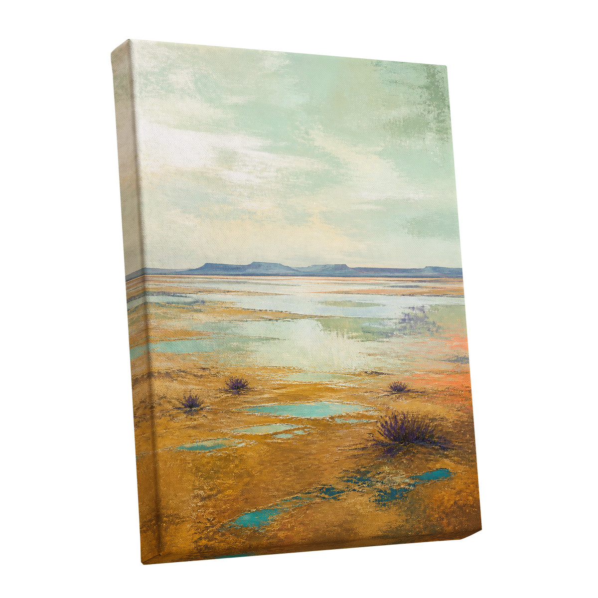 Turquoise Mesa, green, gold, blue nature wall art shown as a stretched canvas wall art