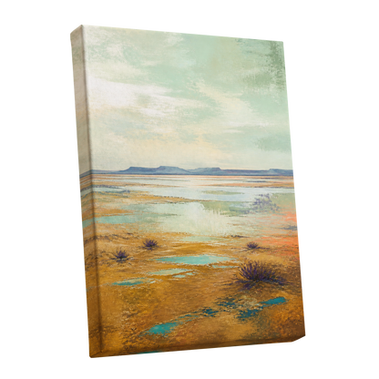 Turquoise Mesa, green, gold, blue nature wall art shown as a stretched canvas wall art