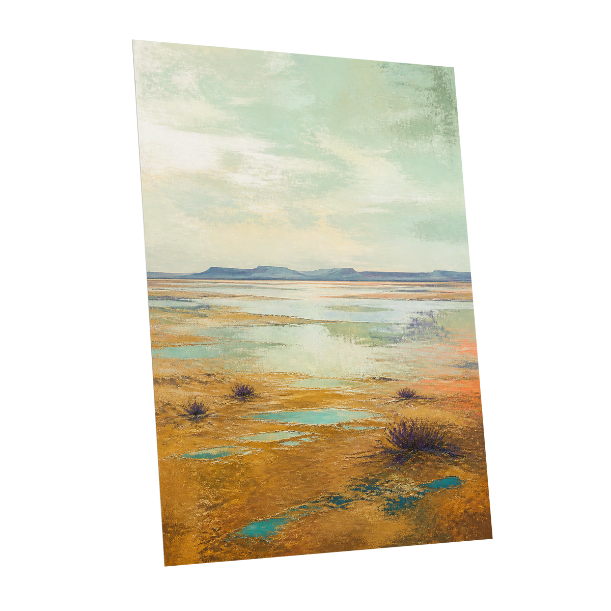 Turquoise Mesa, green, gold, blue nature wall art shown as a unframed poster wall art print