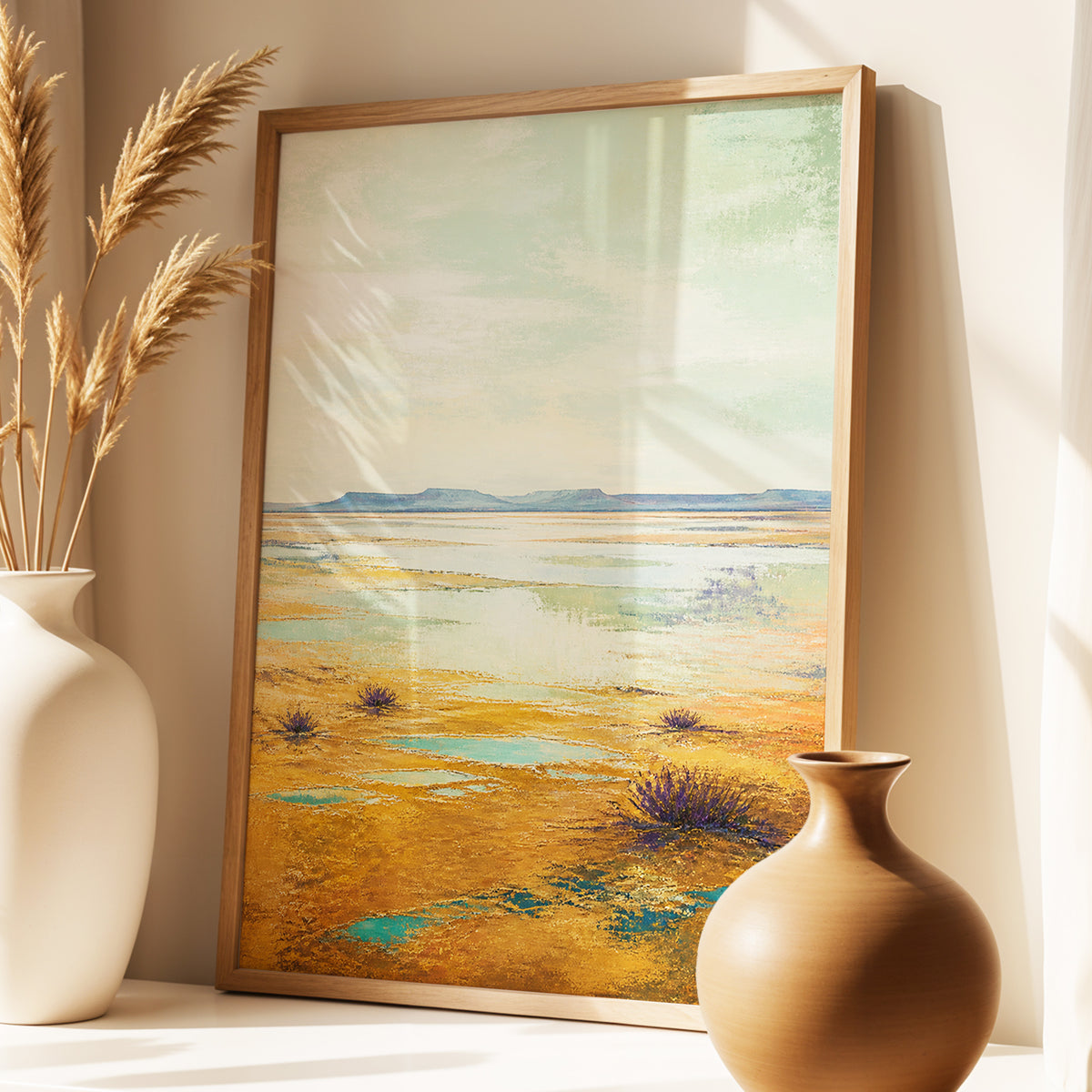 Turquoise Mesa, green, gold, blue nature wall art displayed in a styled interior, gallery view 2