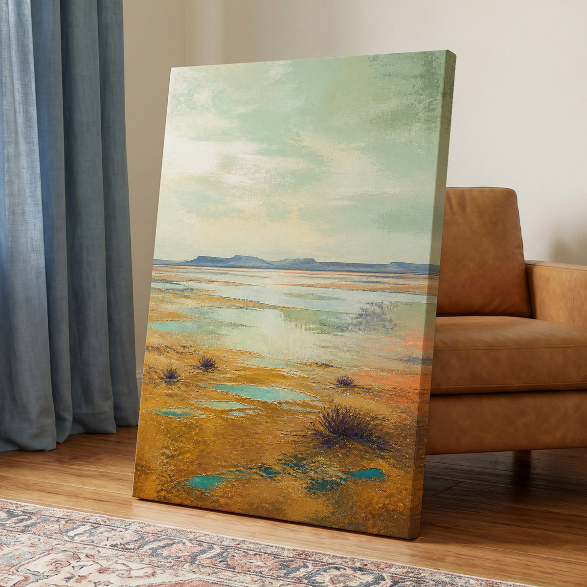 Turquoise Mesa, green, gold, blue nature wall art displayed in a styled interior, gallery view 3