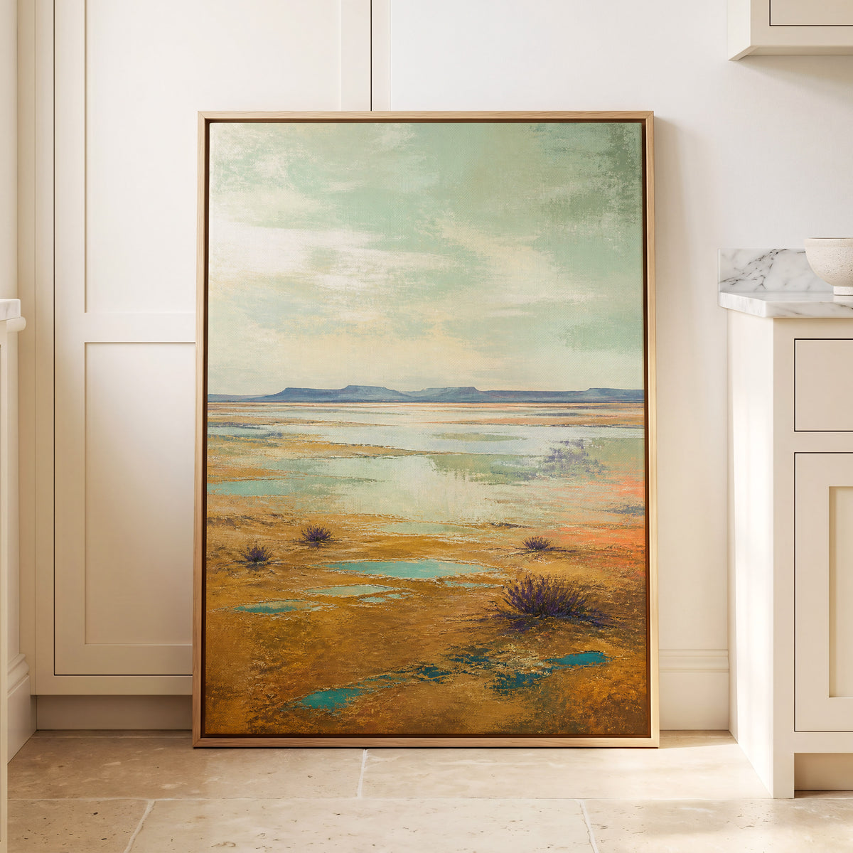 Turquoise Mesa, green, gold, blue nature wall art displayed in a styled interior, gallery view 4