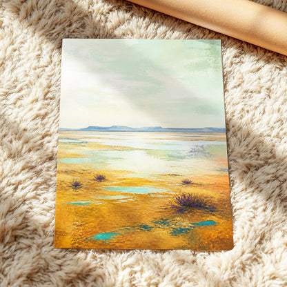 Turquoise Mesa, green, gold, blue nature wall art displayed in a styled interior, gallery view 5