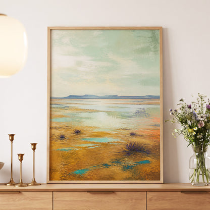 Turquoise Mesa, green, gold, blue nature wall art displayed in a styled interior, gallery view 6