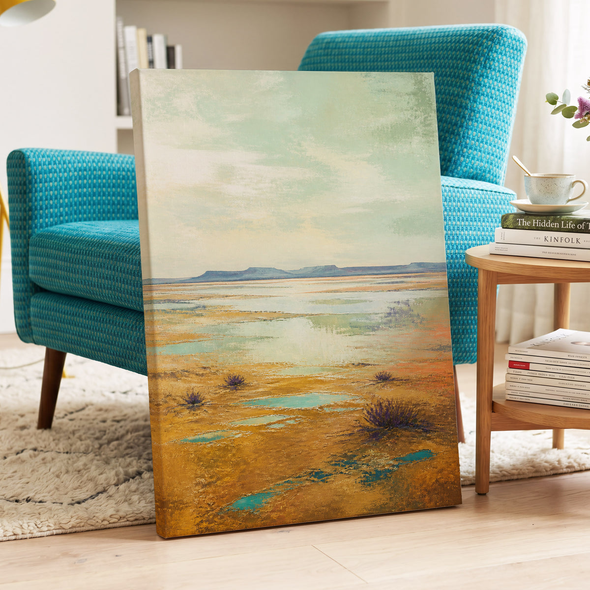 Turquoise Mesa, green, gold, blue nature wall art displayed in a styled interior, gallery view 7