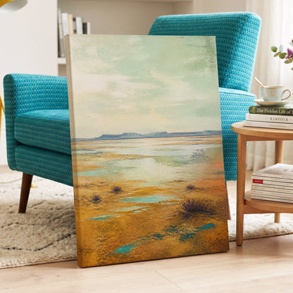 Turquoise Mesa, green, gold, blue nature wall art displayed in a styled interior, gallery view 7