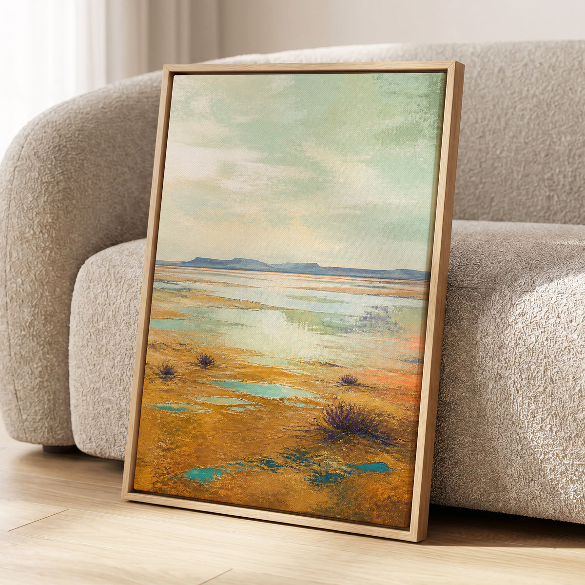 Turquoise Mesa, green, gold, blue nature wall art displayed in a styled interior, gallery view 8