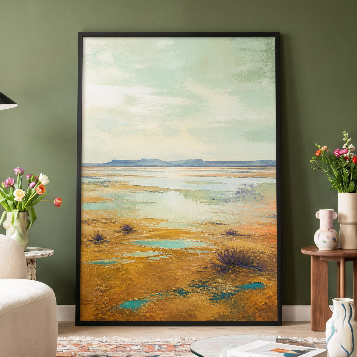 Turquoise Mesa, green, gold, blue nature wall art displayed in a styled interior, gallery view 9
