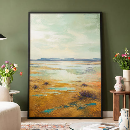 Turquoise Mesa, green, gold, blue nature wall art displayed in a styled interior, gallery view 9
