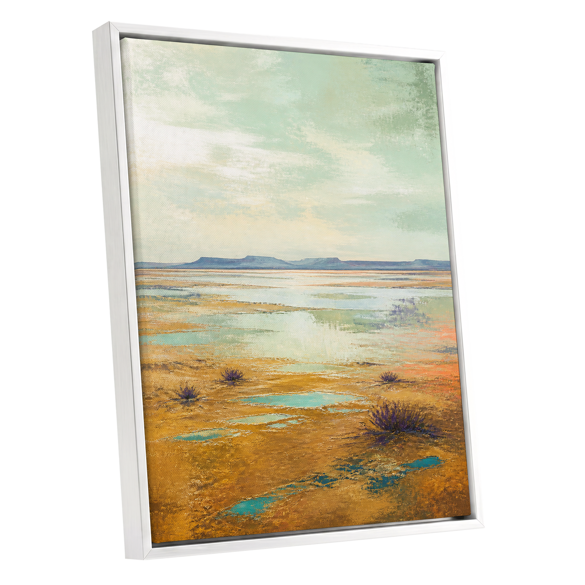 Turquoise Mesa, green, gold, blue nature wall art shown as a white framed canvas wall art