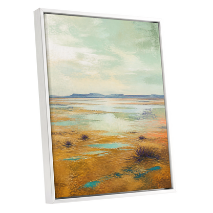 Turquoise Mesa, green, gold, blue nature wall art shown as a white framed canvas wall art